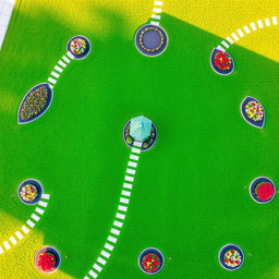 A breathtaking aerial view of a lush green lawn, perfectly manicured and arranged in intricate patterns