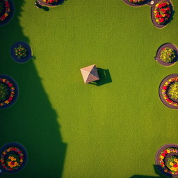 A breathtaking aerial view of a lush green lawn, perfectly manicured and arranged in intricate patterns