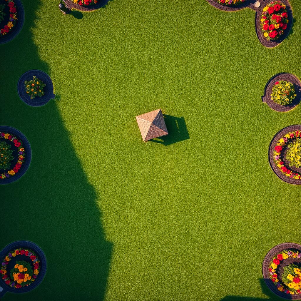 A breathtaking aerial view of a lush green lawn, perfectly manicured and arranged in intricate patterns