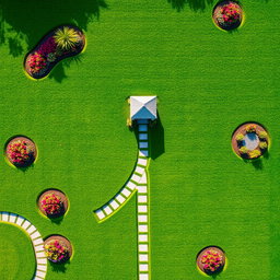 A breathtaking aerial view of a lush green lawn, perfectly manicured and arranged in intricate patterns