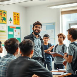 A young Iranian male teacher passionately engaging with a group of teenage boys in a bright, modern classroom