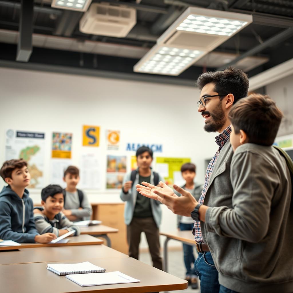 A young Iranian male teacher passionately engaging with a group of teenage boys in a bright, modern classroom