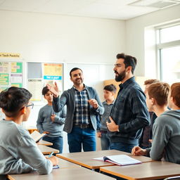 A young Iranian male teacher passionately engaging with a group of teenage boys in a bright, modern classroom