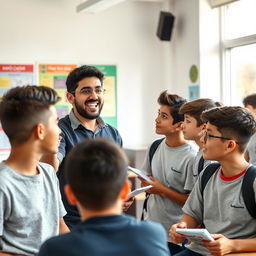 A young Iranian male teacher passionately engaging with a group of teenage boys in a bright, modern classroom