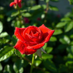 A single red rose flower with dew drops glistening on its petals, surrounded by lush green leaves