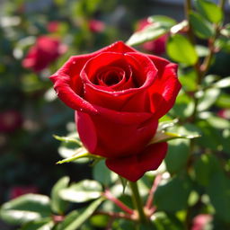 A single red rose flower with dew drops glistening on its petals, surrounded by lush green leaves