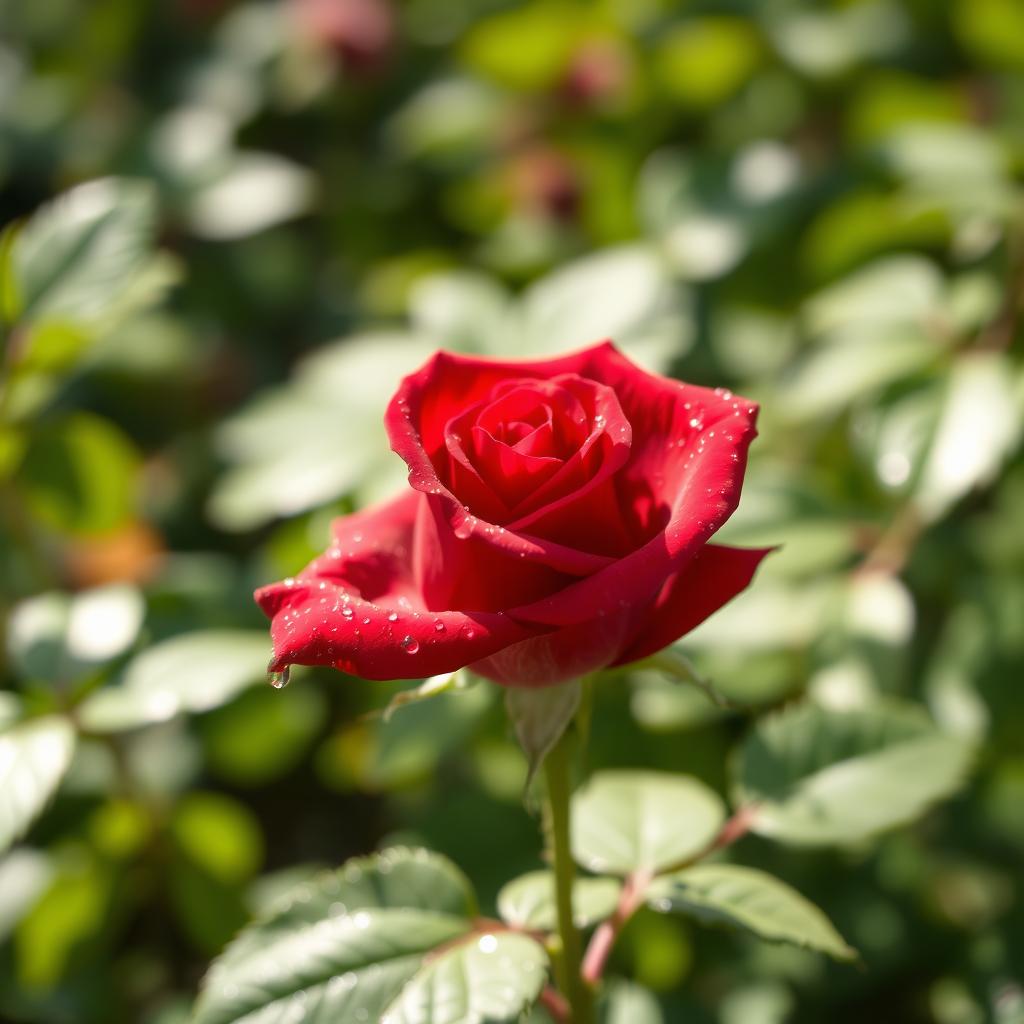 A single red rose flower with dew drops glistening on its petals, surrounded by lush green leaves