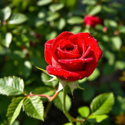 A single red rose flower with dew drops glistening on its petals, surrounded by lush green leaves