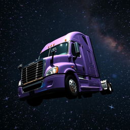 A shiny lavender Freightliner Cascadia truck in space, surrounded by a plethora of stars twinkling in the deep cosmos