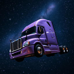 A shiny lavender Freightliner Cascadia truck in space, surrounded by a plethora of stars twinkling in the deep cosmos
