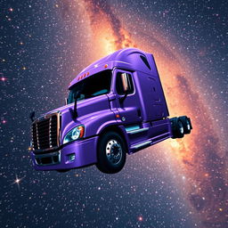 A shiny lavender Freightliner Cascadia truck in space, surrounded by a plethora of stars twinkling in the deep cosmos