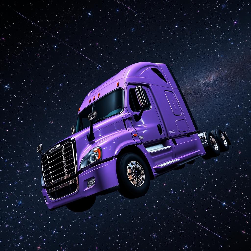 A shiny lavender Freightliner Cascadia truck in space, surrounded by a plethora of stars twinkling in the deep cosmos