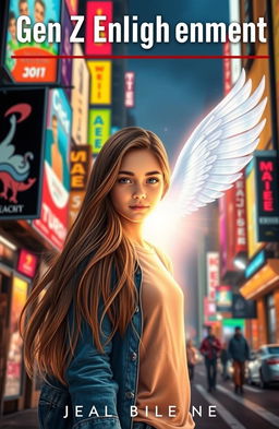 A captivating book cover for 'Gen Z Enlightenment', depicting a teenage girl with long flowing hair and an expressive face, standing on a vibrant city street filled with colorful billboards and neon lights