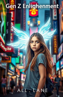 A captivating book cover for 'Gen Z Enlightenment', depicting a teenage girl with long flowing hair and an expressive face, standing on a vibrant city street filled with colorful billboards and neon lights