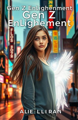 A captivating book cover for 'Gen Z Enlightenment', depicting a teenage girl with long flowing hair and an expressive face, standing on a vibrant city street filled with colorful billboards and neon lights