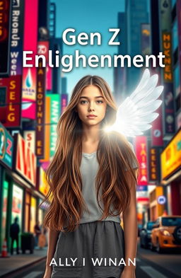 A captivating book cover for 'Gen Z Enlightenment', depicting a teenage girl with long flowing hair and an expressive face, standing on a vibrant city street filled with colorful billboards and neon lights