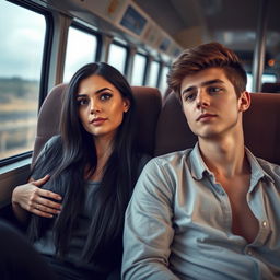 A scene of a woman with very large breasts and long black hair sitting on a bus seat next to a young man, both looking forward