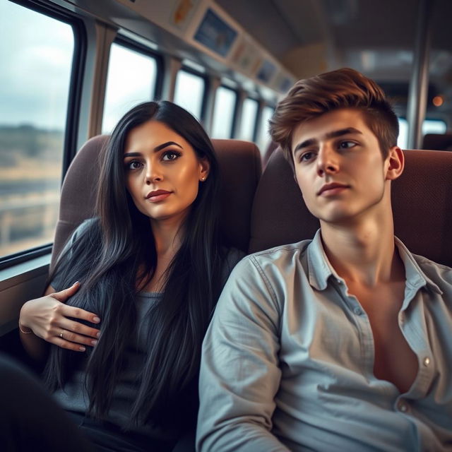A scene of a woman with very large breasts and long black hair sitting on a bus seat next to a young man, both looking forward