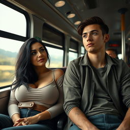 A scene of a woman with very large breasts and long black hair sitting on a bus seat next to a young man, both looking forward