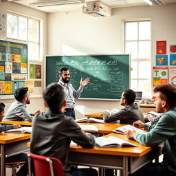 A young Iranian male teacher passionately teaching a diverse group of teenage boys in a vibrant classroom filled with colorful educational posters