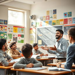 A young Iranian male teacher passionately teaching a diverse group of teenage boys in a vibrant classroom filled with colorful educational posters