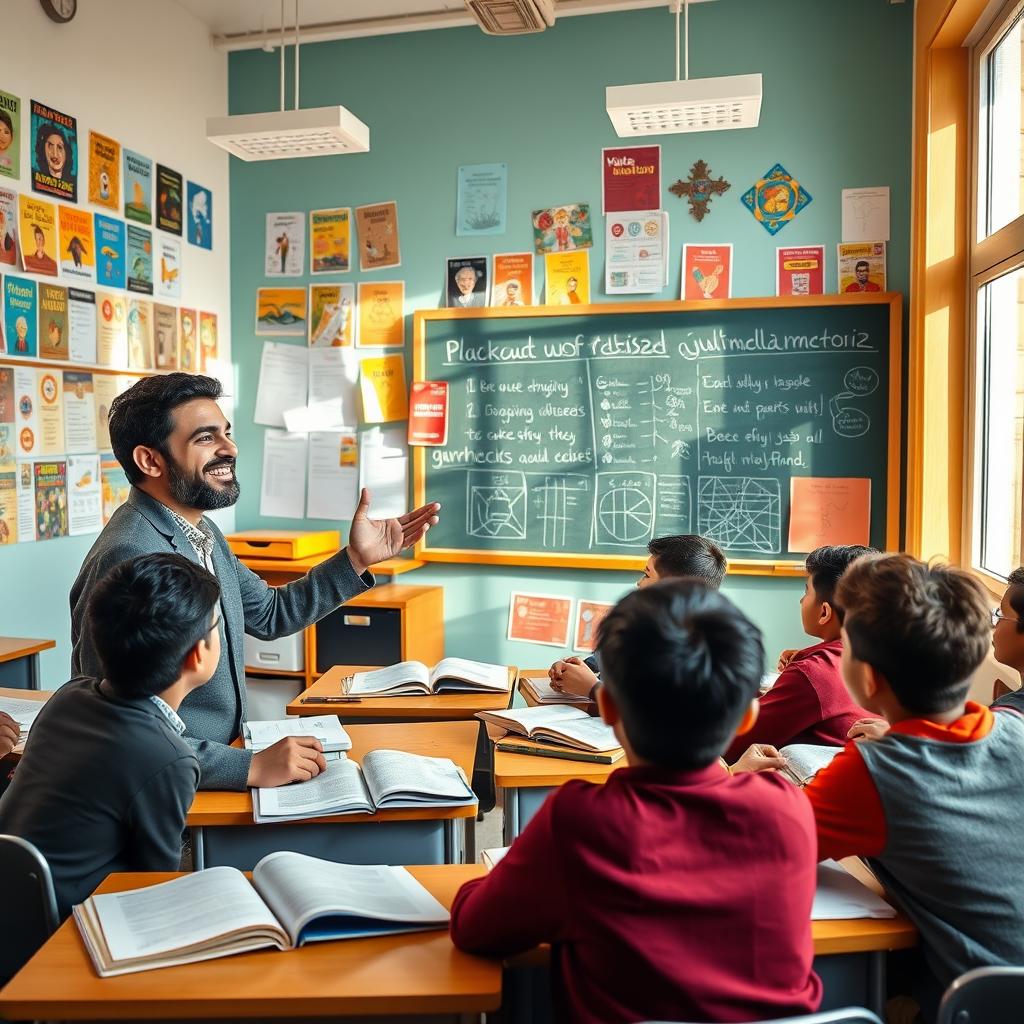 A young Iranian male teacher passionately teaching a diverse group of teenage boys in a vibrant classroom filled with colorful educational posters