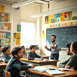 A young Iranian male teacher passionately teaching a diverse group of teenage boys in a vibrant classroom filled with colorful educational posters