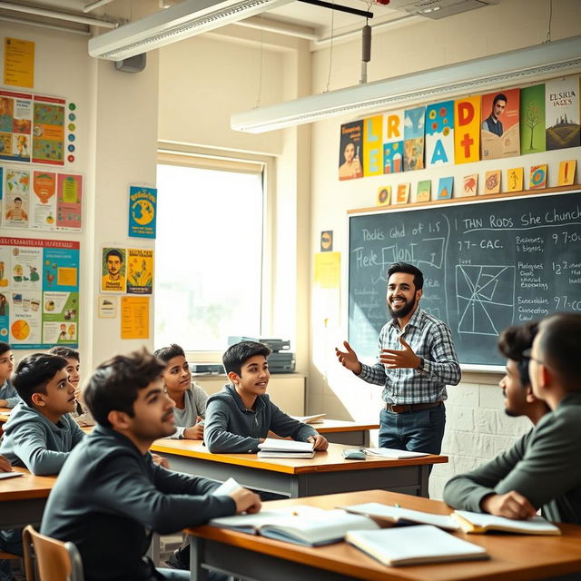 A young Iranian male teacher passionately teaching a diverse group of teenage boys in a vibrant classroom filled with colorful educational posters