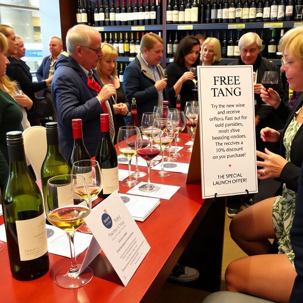 A vibrant wine tasting table in a wine shop, featuring elegantly arranged bottles of a new wine, filled crystal glasses, and informative brochures detailing tasting notes and pairing recommendations