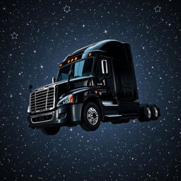A shiny black Freightliner Cascadia truck in space, surrounded by a multitude of glowing stars scattered across the vast cosmos