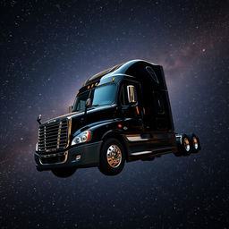 A shiny black Freightliner Cascadia truck in space, surrounded by a multitude of glowing stars scattered across the vast cosmos