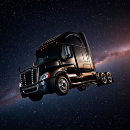 A shiny black Freightliner Cascadia truck in space, surrounded by a multitude of glowing stars scattered across the vast cosmos