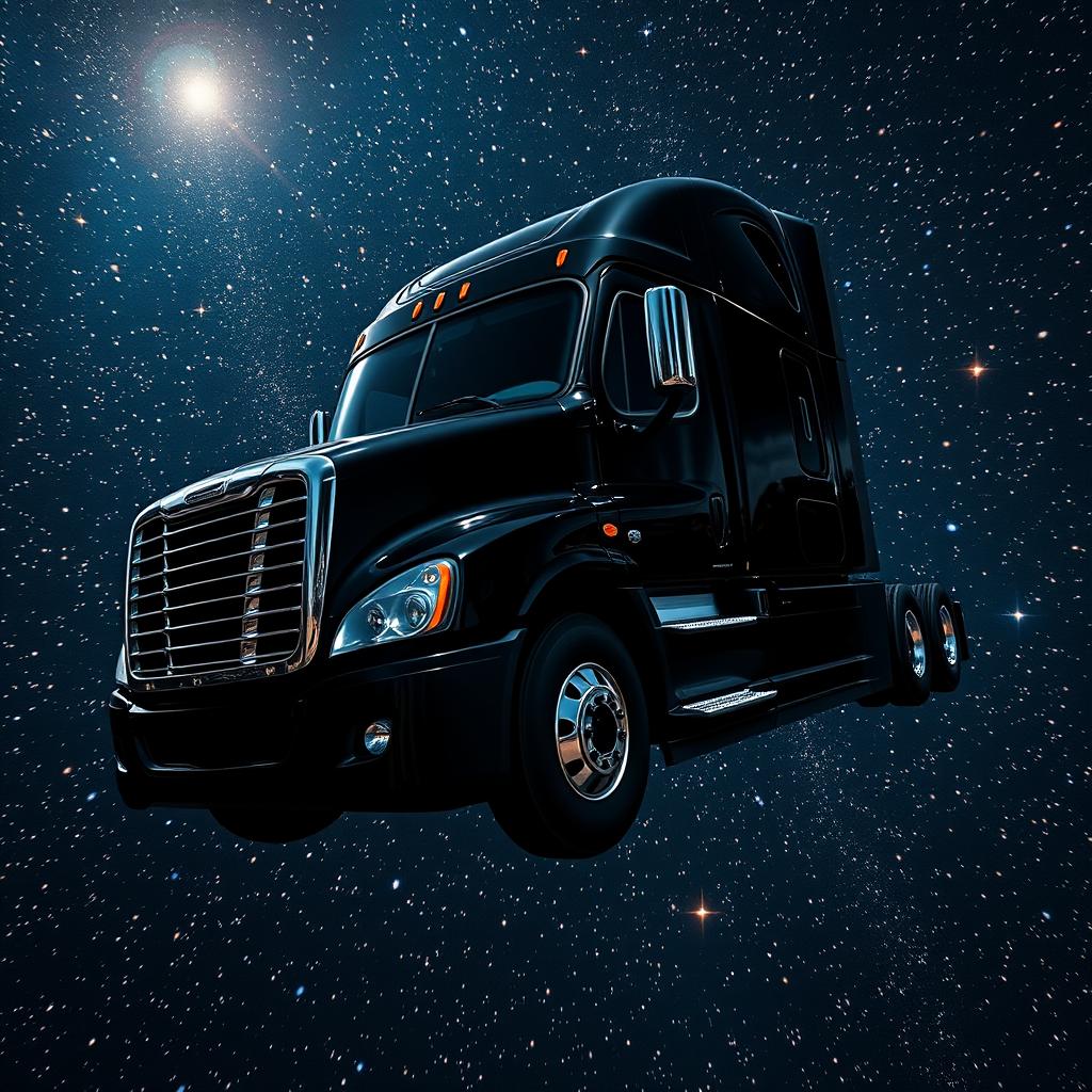 A shiny black Freightliner Cascadia truck in space, surrounded by a multitude of glowing stars scattered across the vast cosmos