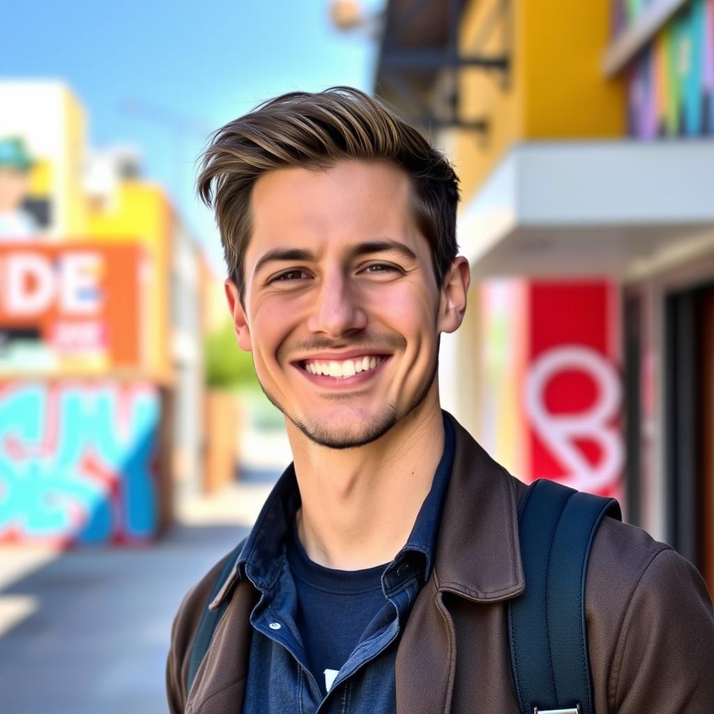 A portrait of a man with a warm smile, dressed in a stylish casual outfit