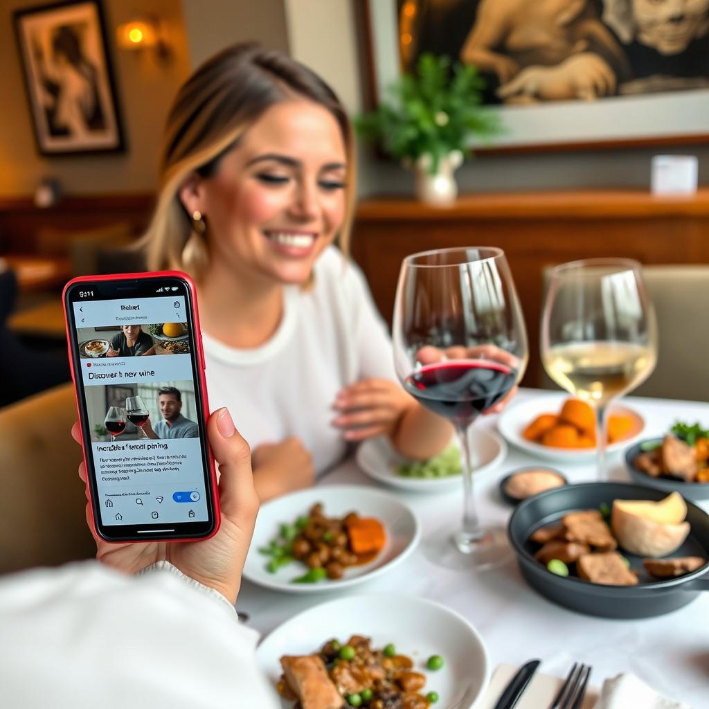 An influencer in a cozy home setting or a stylish restaurant, holding a glass of new wine and smiling while describing its taste and quality on their social media