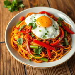 A vibrant and appetizing dish of mei goreng zoodles, beautifully presented on a rustic wooden table
