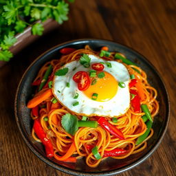 A vibrant and appetizing dish of mei goreng zoodles, beautifully presented on a rustic wooden table