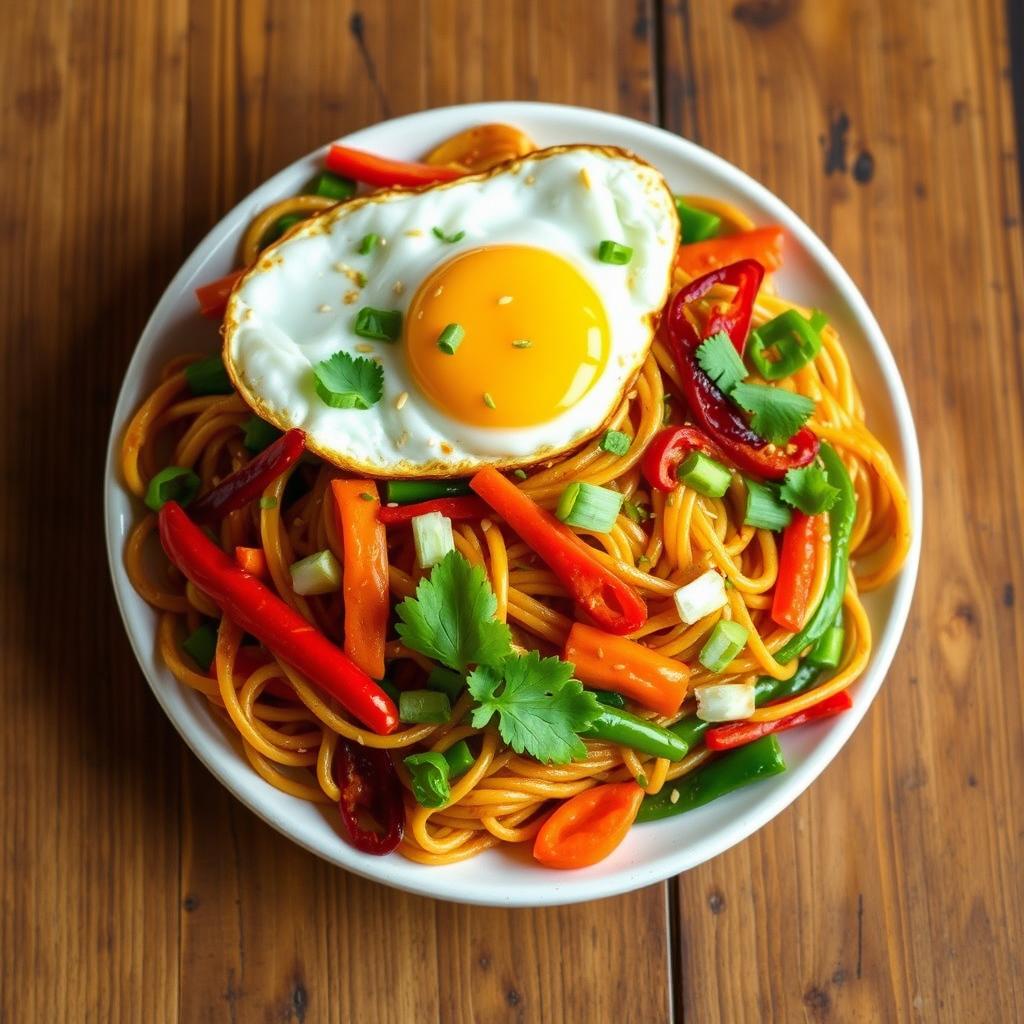 A vibrant and appetizing dish of mei goreng zoodles, beautifully presented on a rustic wooden table