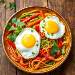 A vibrant and appetizing dish of mei goreng zoodles, beautifully presented on a rustic wooden table