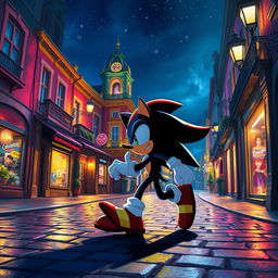 Shadow the Hedgehog gracefully moving through a beautifully illuminated old street in a vibrant, inviting city at night