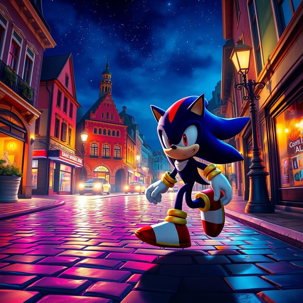 Shadow the Hedgehog gracefully moving through a beautifully illuminated old street in a vibrant, inviting city at night