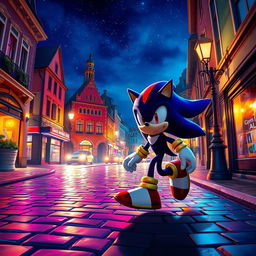 Shadow the Hedgehog gracefully moving through a beautifully illuminated old street in a vibrant, inviting city at night