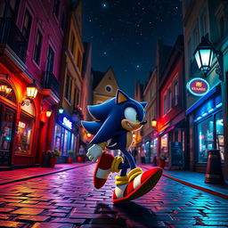 Shadow the Hedgehog gracefully moving through a beautifully illuminated old street in a vibrant, inviting city at night