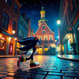 Shadow the Hedgehog gracefully moving through a beautifully illuminated old street in a vibrant, inviting city at night