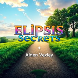 A flat book cover design titled 'Elipsis Secrets' by Alden Vexley, featuring a serene landscape with a beautifully winding path leading toward a bright horizon, symbolizing transformation