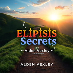 A flat book cover design titled 'Elipsis Secrets' by Alden Vexley, featuring a serene landscape with a beautifully winding path leading toward a bright horizon, symbolizing transformation