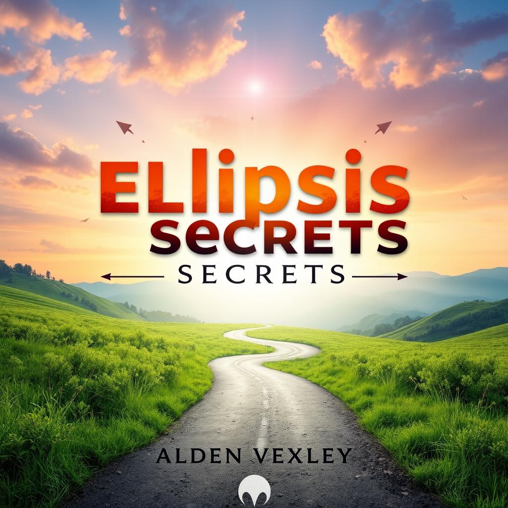 A flat book cover design titled 'Elipsis Secrets' by Alden Vexley, featuring a serene landscape with a beautifully winding path leading toward a bright horizon, symbolizing transformation