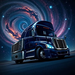 A shiny dark blue Freightliner Cascadia truck in space, surrounded by swirling galaxies and a myriad of stars illuminating the expansive universe