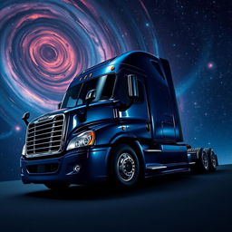 A shiny dark blue Freightliner Cascadia truck in space, surrounded by swirling galaxies and a myriad of stars illuminating the expansive universe