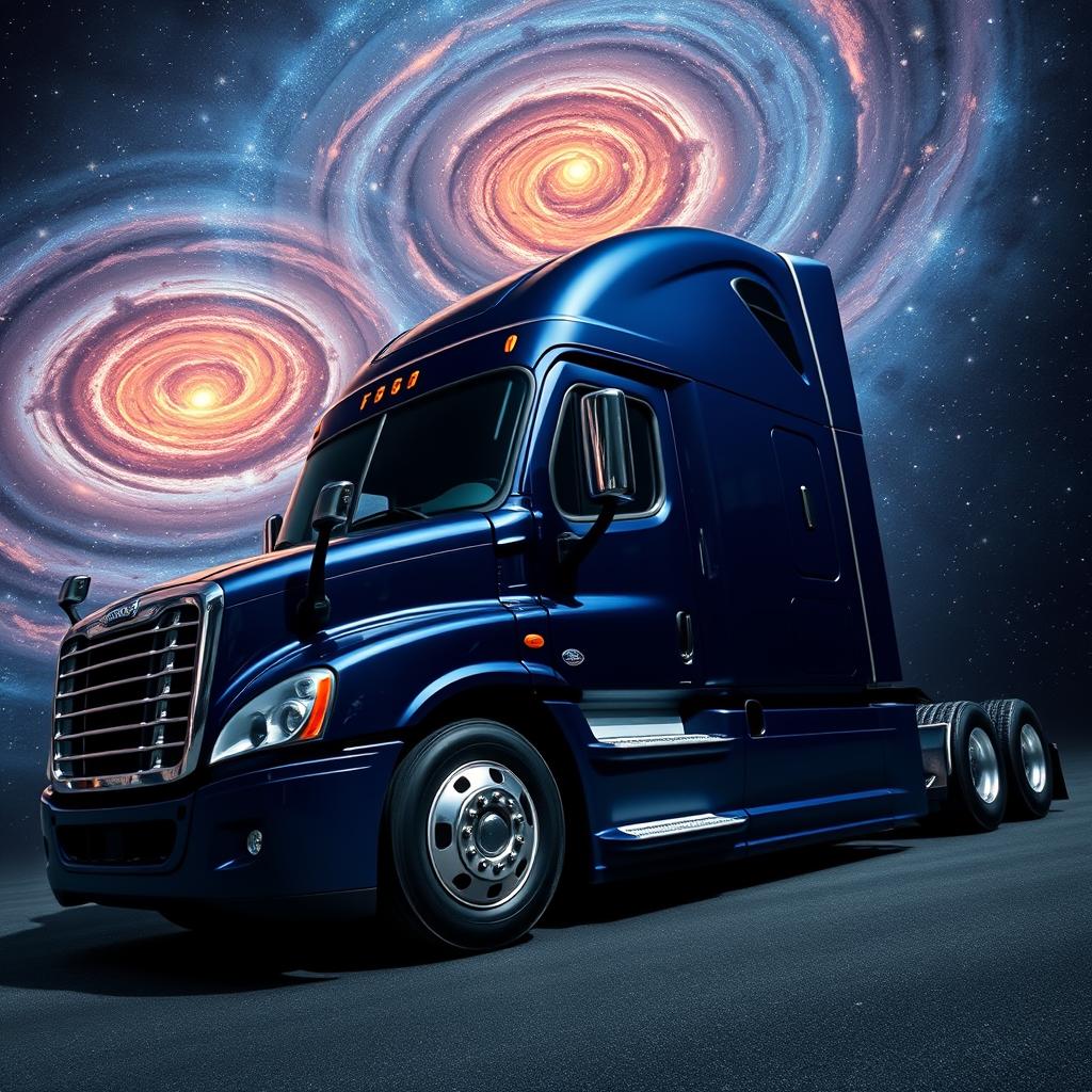 A shiny dark blue Freightliner Cascadia truck in space, surrounded by swirling galaxies and a myriad of stars illuminating the expansive universe